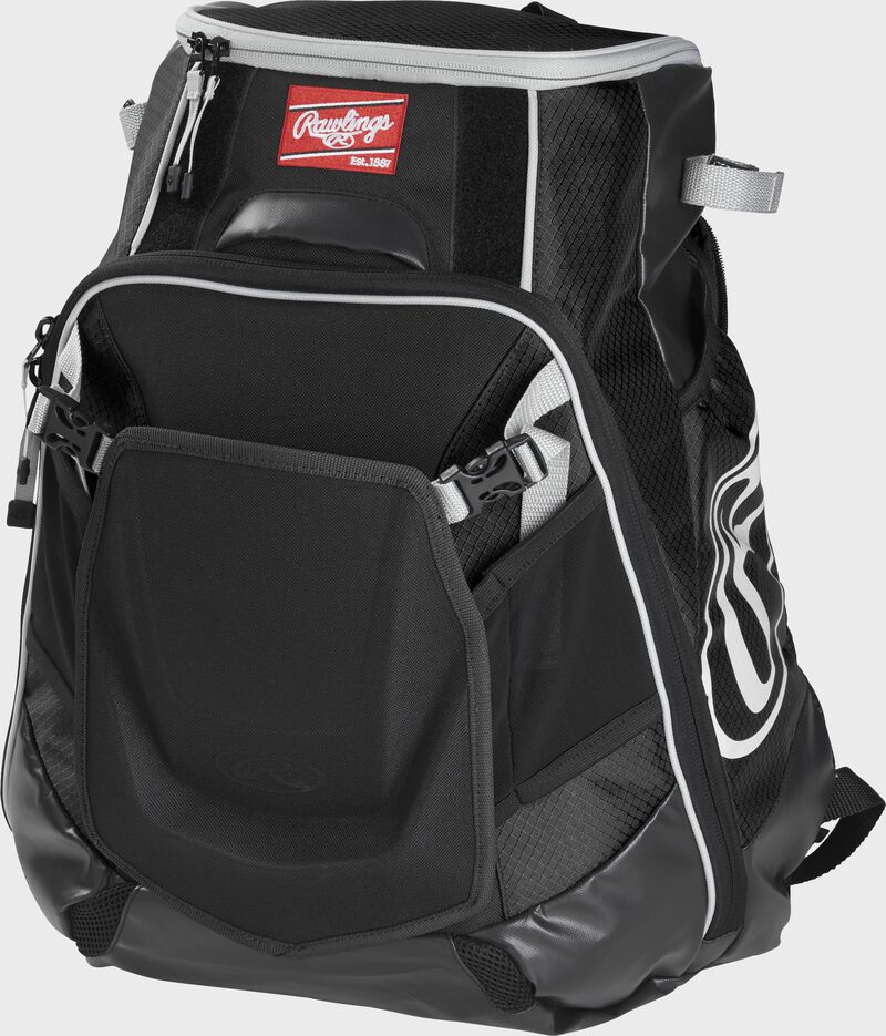 Front left of a black VELOBK Rawlings Velo equipment backpack with an Oval R logo on the side compartment