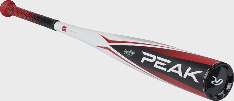 Front angle view of a white/black Rawlings Peak USSSA bat with a black end cap - SKU: RUT4P