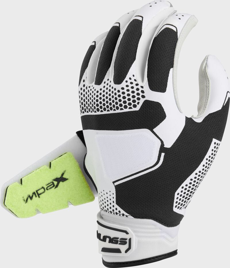 Back of a black fastpitch workhorse pro batting glove with the back strap open - SKU: FP2PBG-B