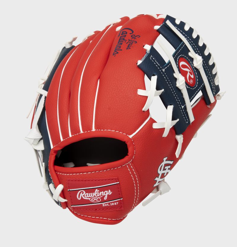 Back of a red/navy St. Louis Cardinals 10-inch I-web glove with a red Rawlings patch - SKU: 22000007111 loading=
