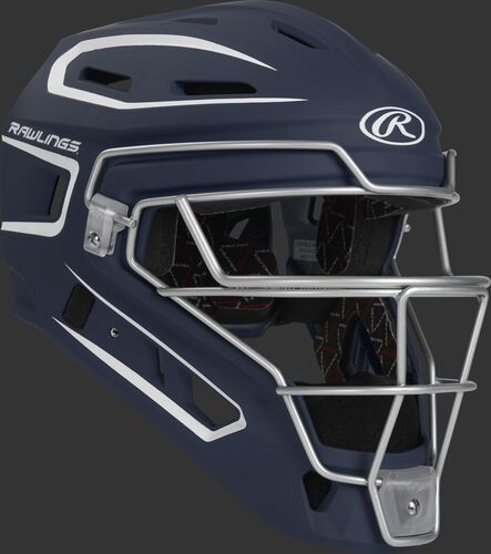 Front right of a navy CHV27J Rawlings Velo 2.0 catcher's helmet