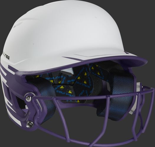 Front right of a Rawlings Mach fastpitch batting helmet with a purple mask - SKU: MSB13S-W/PU