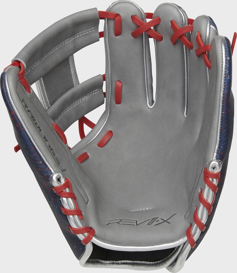 Shell palm view of blue, red, and gray 2022 REV1X 11.5-inch infield glove image number null