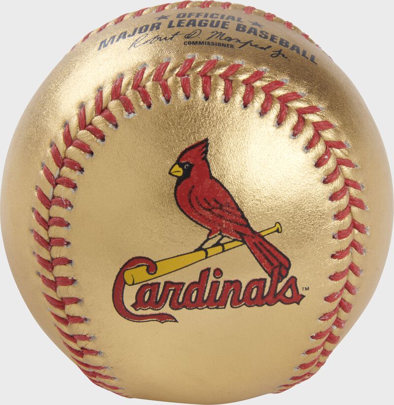 Cardinals logo on a gold MLB baseball with red stitches - SKU: RSGEA-GOLDSTL-R