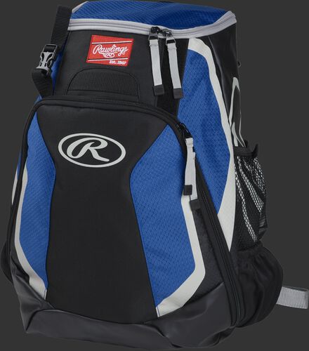 Left side of a black/royal R500 Players team backpack with white trim