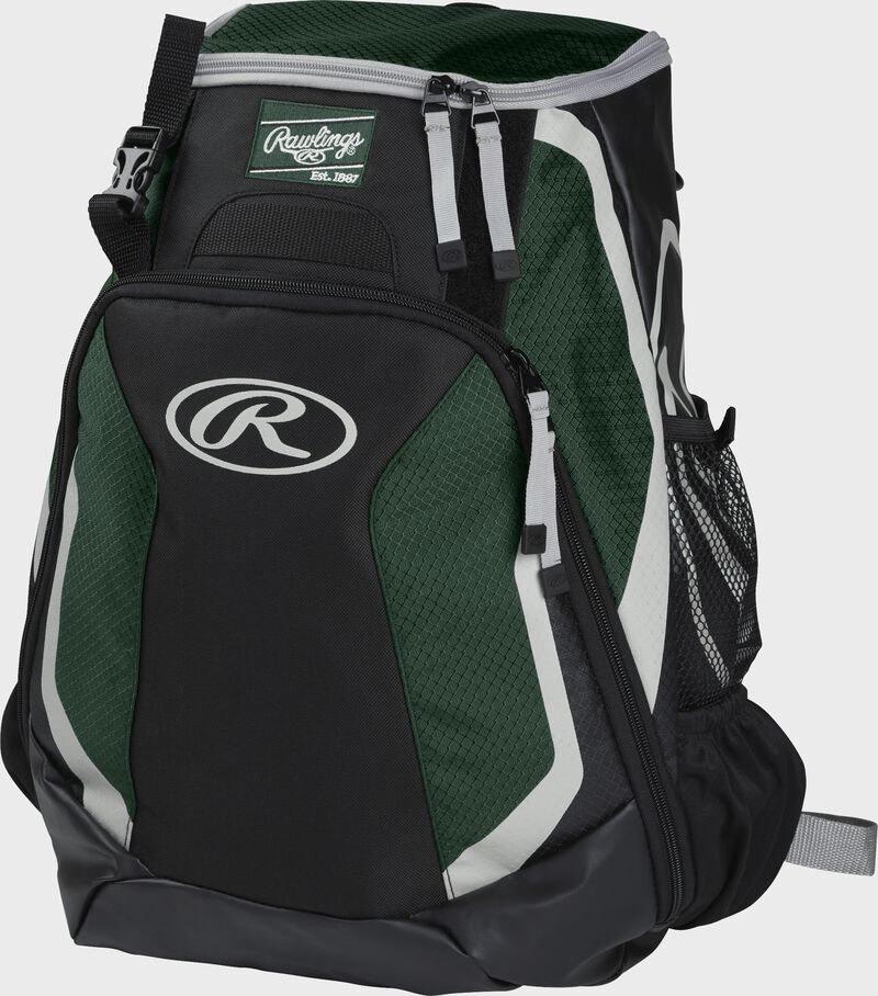 Left side of a black/dark green R500 Players team backpack with white trim
