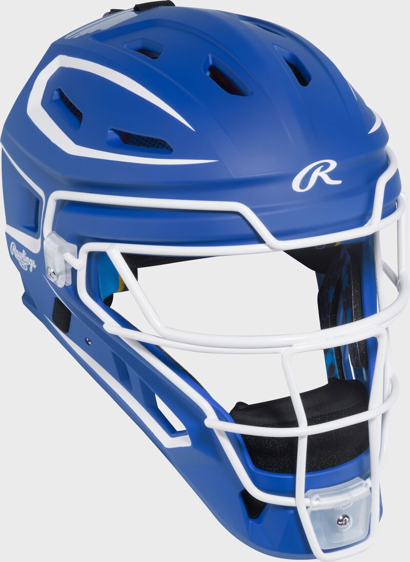 Front right of a royal Rawlings Mach Pro Series catcher's helmet loading=