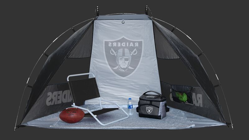 Back of a Las Vegas Raiders sun shelter on a football field with a Raiders logo in the middle - SKU: 00961072111