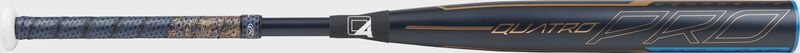 Barrel of a navy FPPE9 Rawlings Quatro Pro end-loaded softball bat with rose gold accents