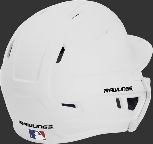 Back right of a matte white MACHEXTL Rawlings junior size batting helmet