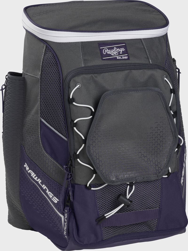 Front left angle of a purple Rawlings Impulse bag with gray accents - SKU: IMPLSE-PU