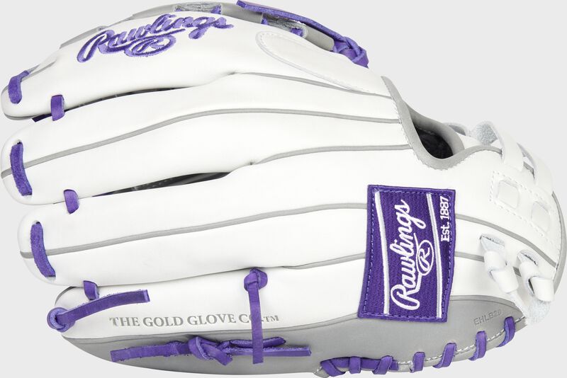 Back of a white Liberty Advanced Color Series 12-Inch glove with a purple Rawlings patch - SKU: RLA120-3WPG