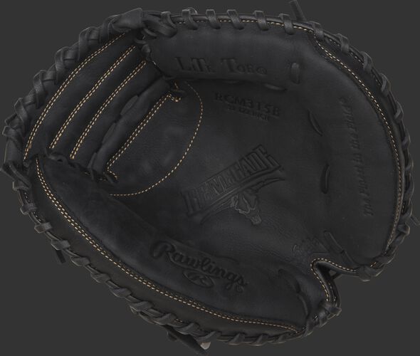 RCM315B Rawlings recreational youth catcher's mitt with a black palm, black laces and Sure Catch design