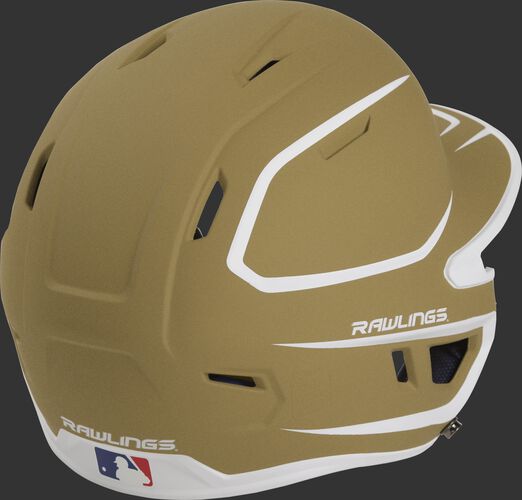 Back right of a two-tone matte vegas gold/white MACH Rawlings Junior size batting helmet
