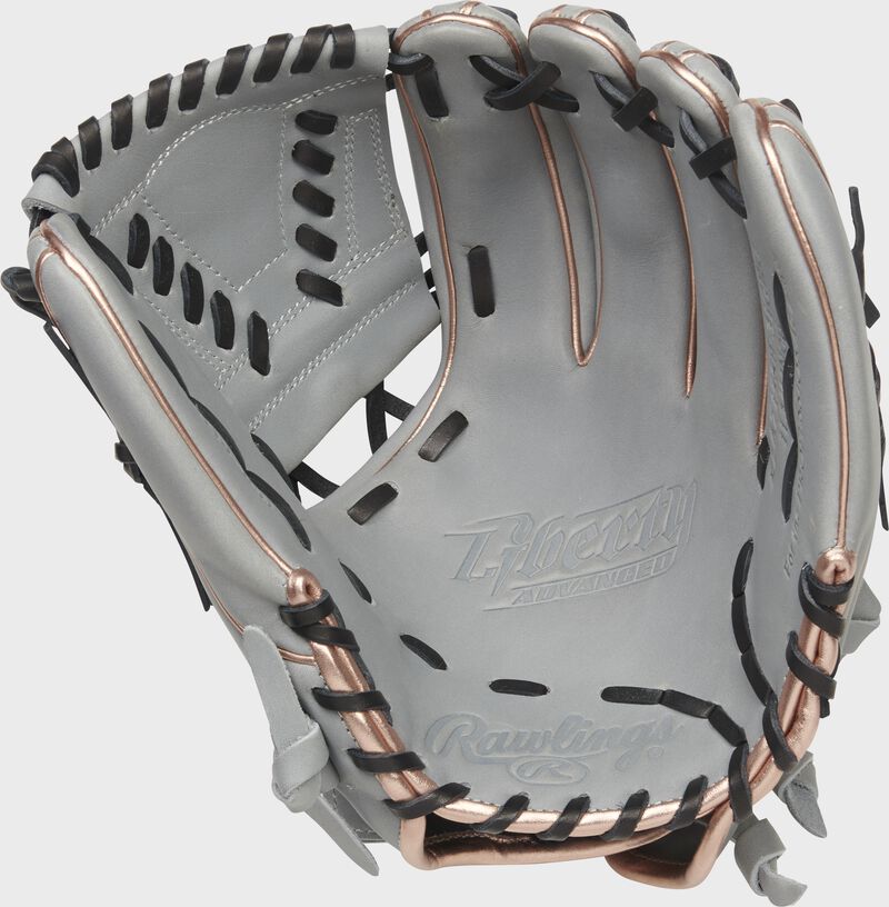 Gray palm of a Rawlings Liberty Advanced Color Series infield glove with black laces - SKU: RLA715SB-31GRG loading=