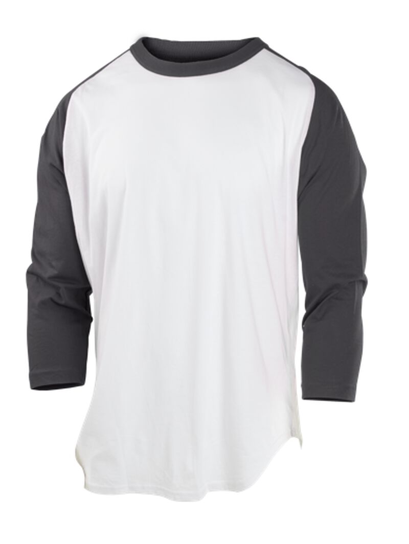 A white Rawlings youth 3/4 sleeve baseball shirt with gray sleeves - SKU: ACABC34-GR