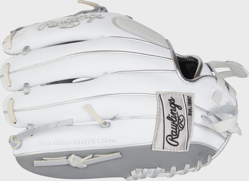 White/gray back of a 12" Liberty Advanced fastpitch softball glove with a gray Rawlings patch - SKU: RLA120-31WSS