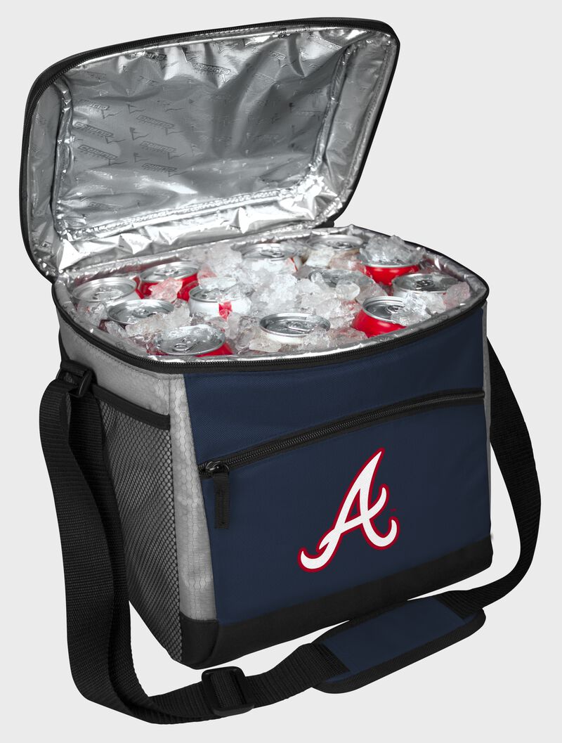 An open Atlanta Braves 24 can cooler with ice and drinks