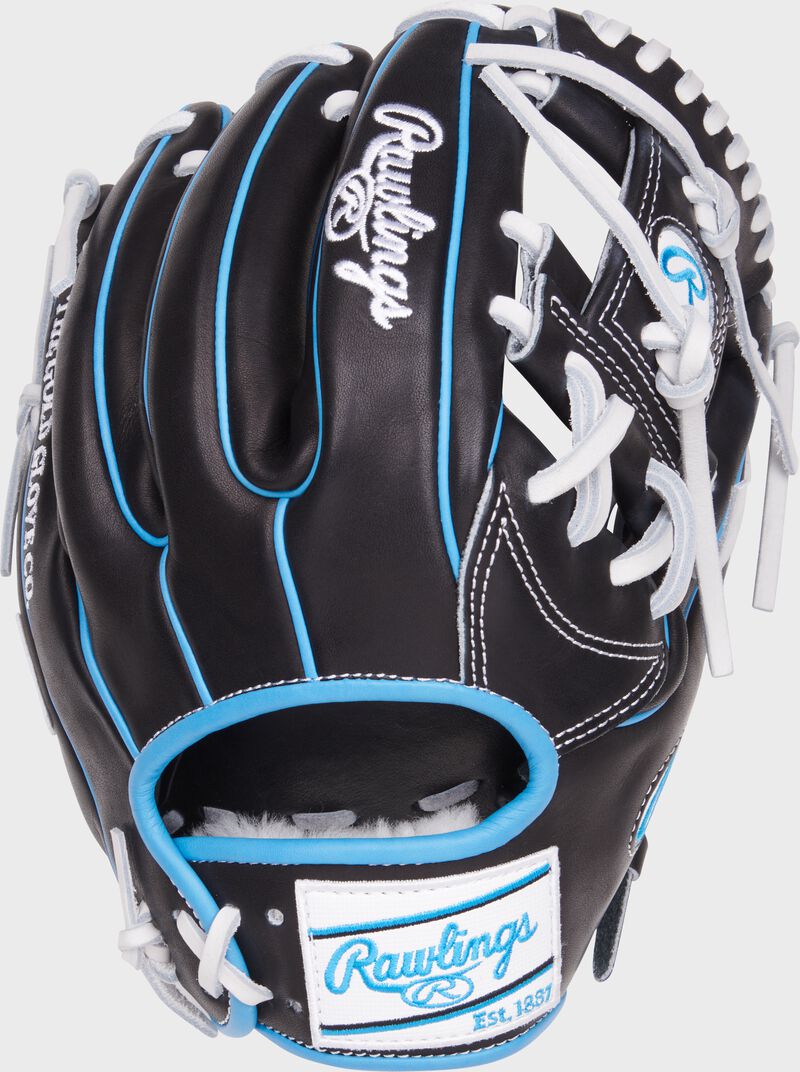 Black back of a Pro Preferred 11.5" I-web glove with a white Rawlings patch