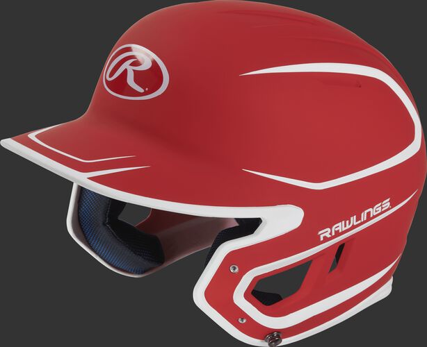 Left angle view of a Rawlings MACH Junior helmet with a two-tone matte scarlet/white shell