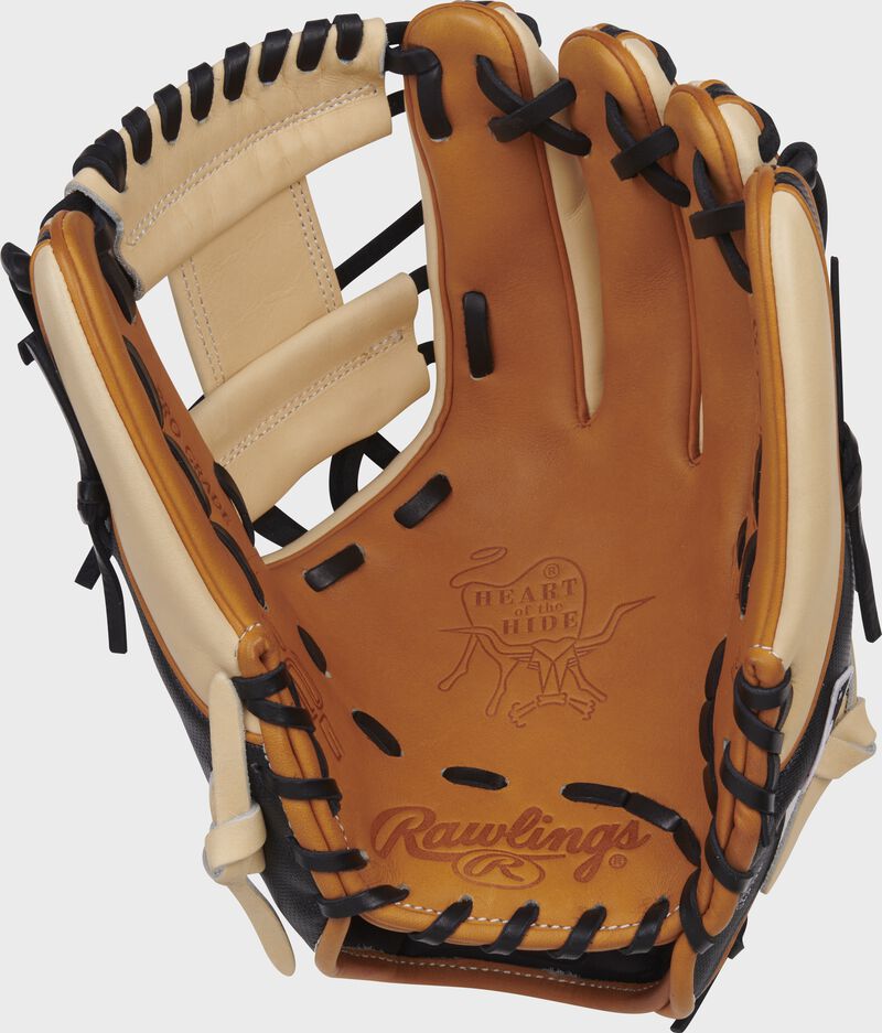 Tan palm of a Rawlings Heart of the Hide R2G infield glove with black laces - SKU: PROR314-2TCSS