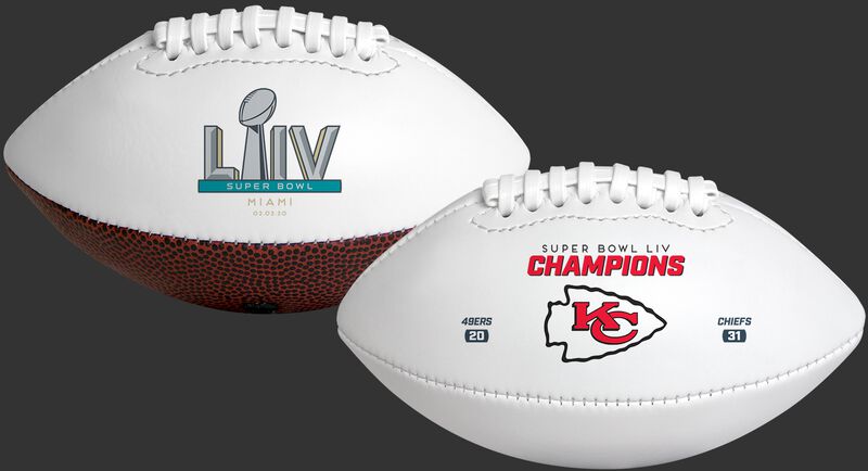 Two views of a white Super Bowl 54 Kansas City Chiefs youth size football