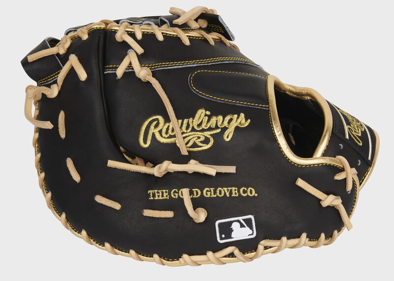 Black back of a Pro Preferred first base mitt with the MLB logo on the pinkie - SKU: PROSDCTBC