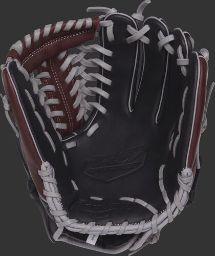 R9205-4BSG Rawlings R9 Series baseball glove with a black palm and grey laces