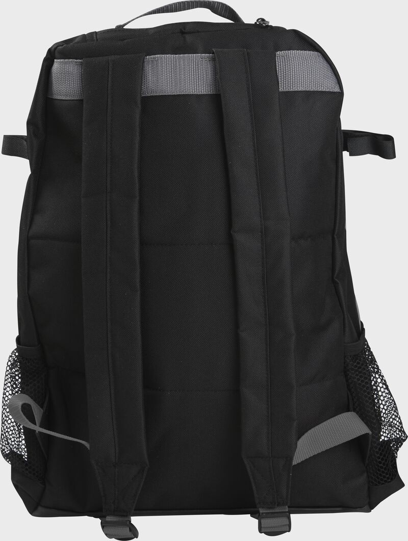 Back of a black youth Rawlings backpack with black shoulder straps - SKU: R200-G