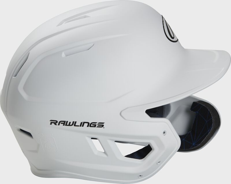 Right side of a MACHEXTR junior Rawlings batting helmet with a one-tone matte white shell loading=