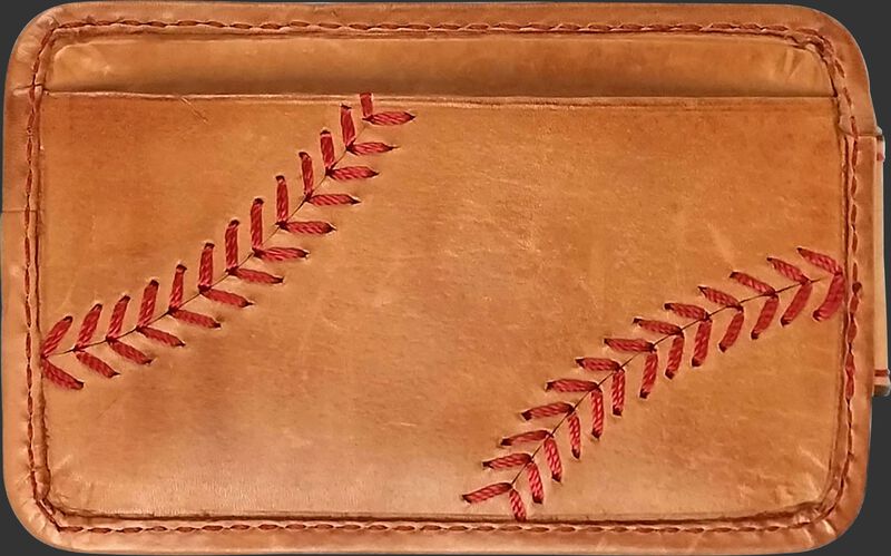 A tan MW494-204 Baseball Stitch money clip with red stitching on the outside credit card slot