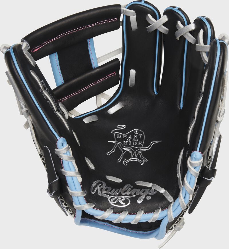 Black palm of a Rawlings HOH ColorSync 6.0 infield glove with platinum laces and silver palm stamp - SKU: PRO204-2BSC