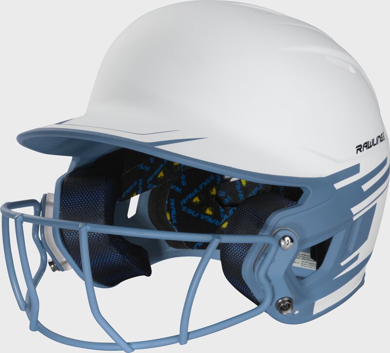Front left-side view of Rawlings Mach Ice Softball Batting Helmet, Columbia Blue - SKU: MSB13