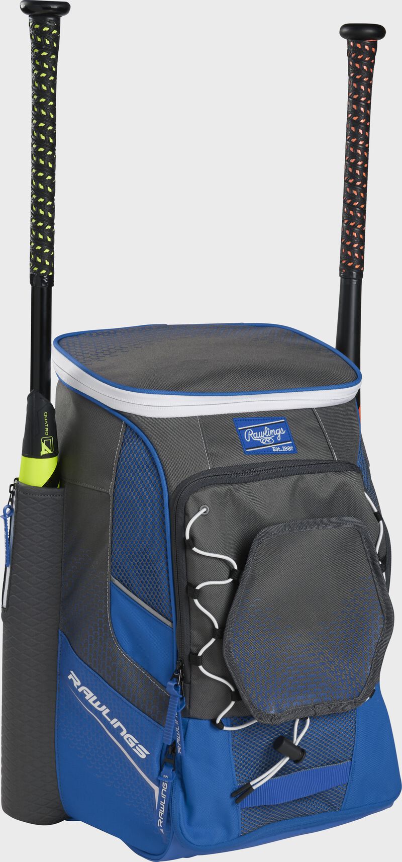 Front left angle of a royal Rawlings Impulse baseball gear backpack with two bats - SKU: IMPLSE-R