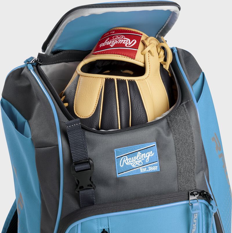 A Rawlings baseball glove in the top compartment of a Franchise baseball backpack - SKU: FRANBP-CB