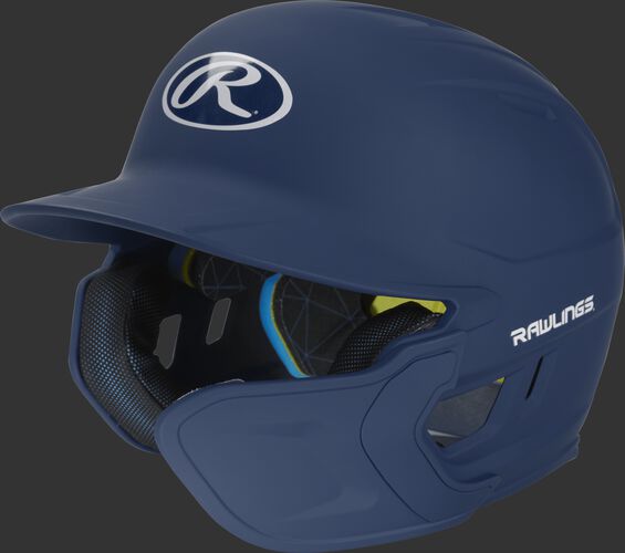 Left angle view of a matte navy MACHEXTR Mach Senior helmet with Mach EXT right hand batter face guard extension