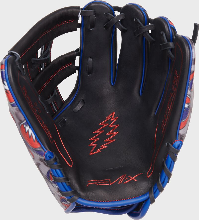 Black palm of a Rawlings x Grateful Dead REV1X glove with black laces and red palm stamping