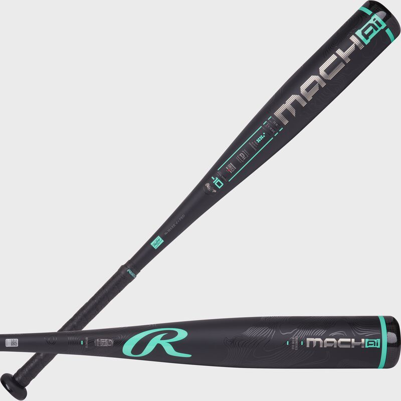 Two images of a black Rawlings Mach AI USSSA -10 bat showing both sides of the barrel