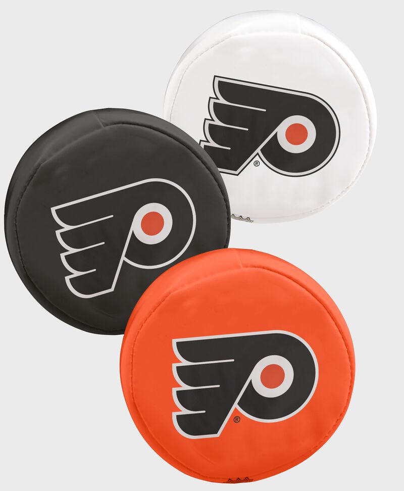 A Philadelphia Flyers three puck softee set with 1 white, 1 black and 1 orange puck - SKU: 00614102111