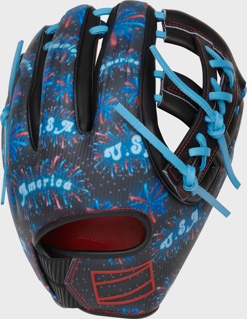 Firework design back of a REV1X 4th of July infield glove