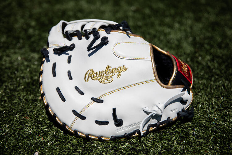 White back of a 12-Inch Encore mitt sitting on a field - SKU: ECFBM-10BW