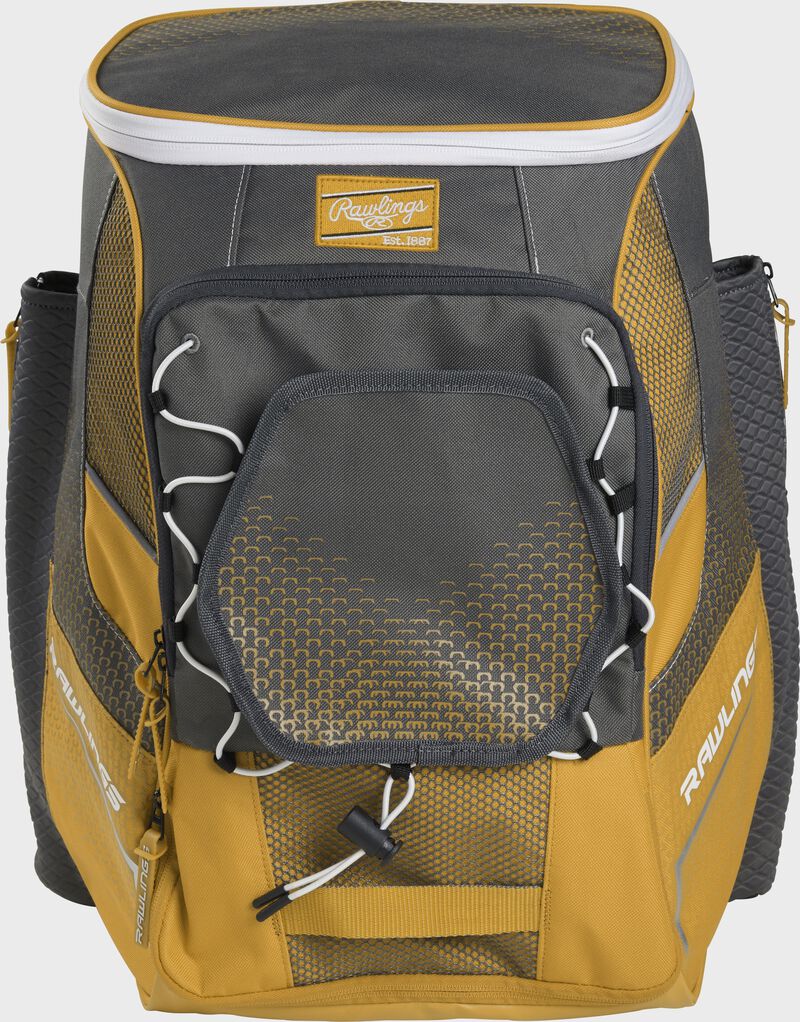Front of a light gold Impulse baseball backpack with a gray front pocket - SKU: IMPLSE-LG