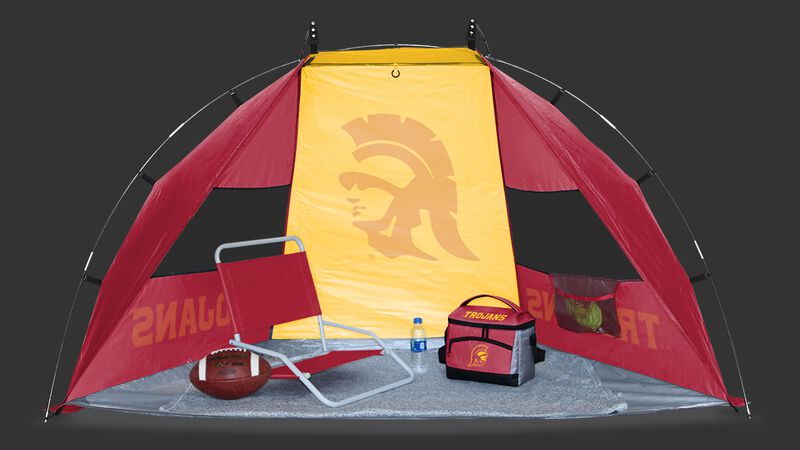 Back of a USC Trojans sideline sun shelter with a Trojans logo in the middle set up on a field - SKU: 00973100111
