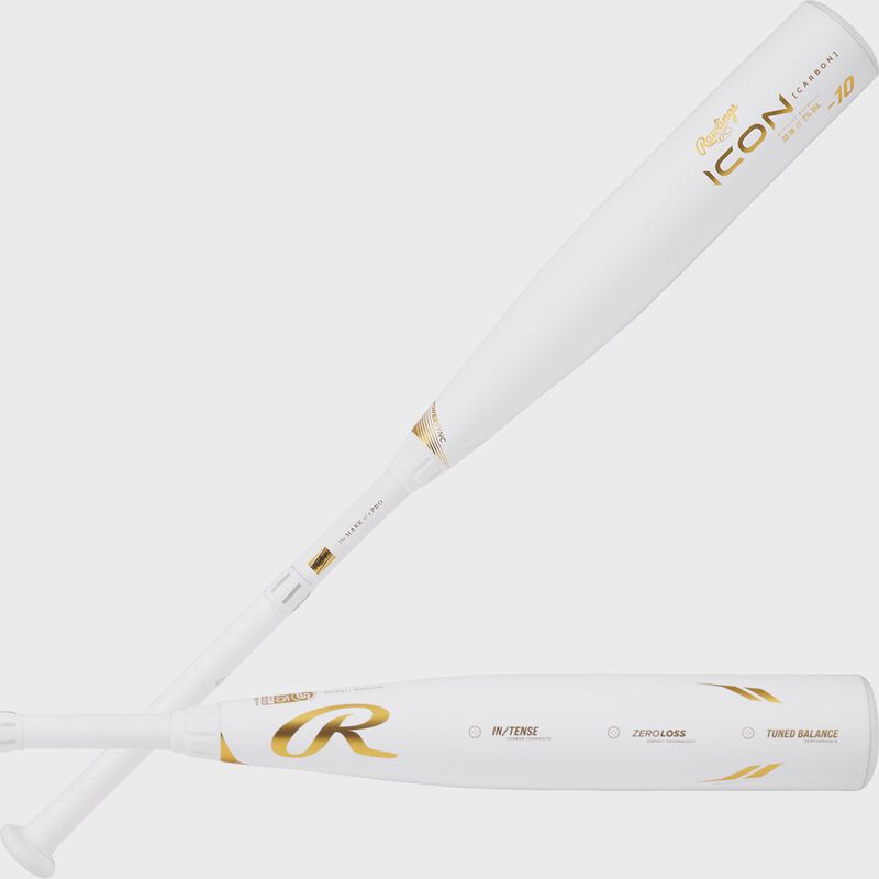2 views showing both sides of the barrel of a white Icon -10 USSSA baseball bat - SKU: RUT4I10