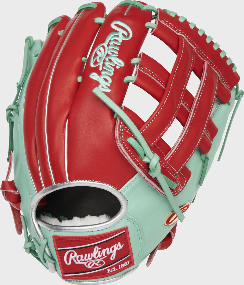 Back of a scarlet/ocean mint Byron Buxton Pro Preferred outfield glove with a red Rawlings patch - SKU: PROSJD0-BB25 loading=
