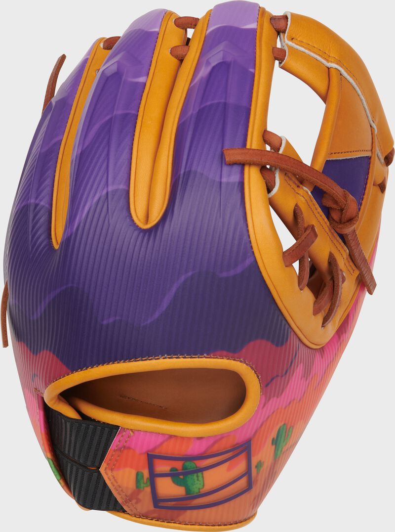 Back of a purple/tan Rawlings 11.75-Inch REV1X Arizona Spring Training Glove