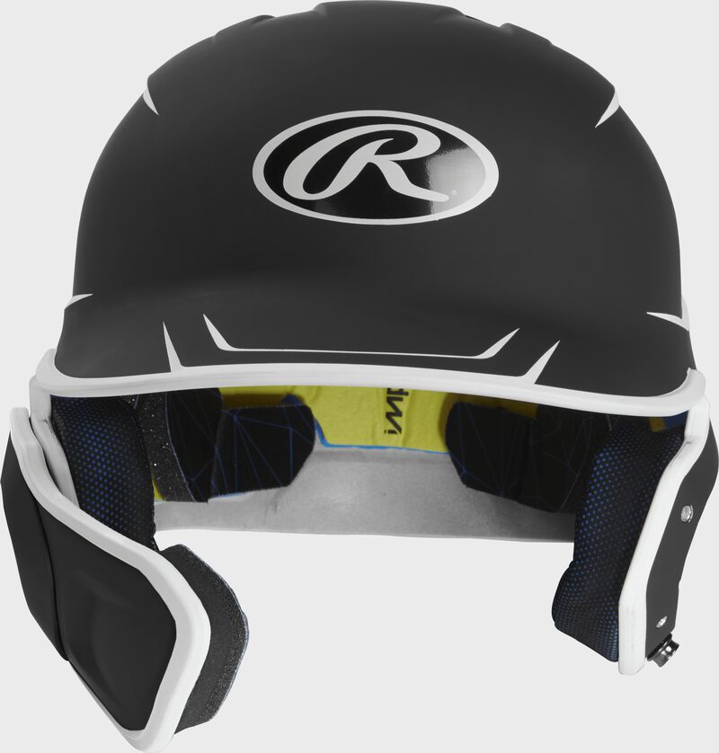 Front of a matte black/white MACHEXTR junior size Mach batting helmet with face guard extension for left hand batters