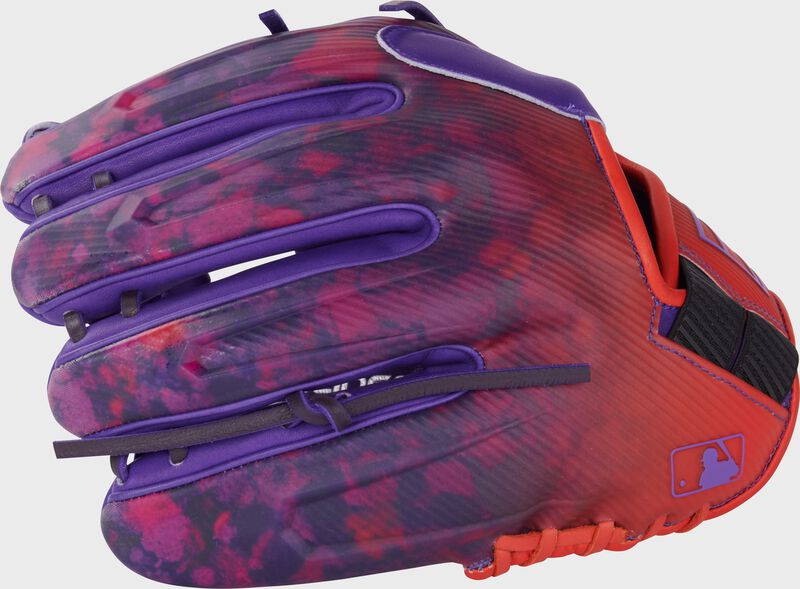 Purple/Orange design REV1X back of a Rawlings REV1X infield glove with the MLB logo on the pinky