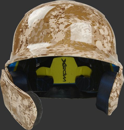 Front of a MACHEXTL-DCMO Rawlings Mach EXT batting helmet with a desert camo hyro dipped design