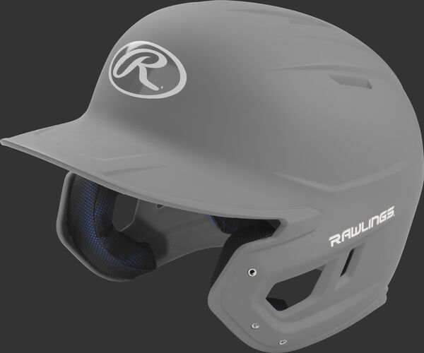 Left angle view of a Rawlings MACH helmet with a one-tone matte silver shell